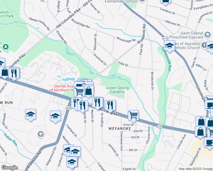 map of restaurants, bars, coffee shops, grocery stores, and more near 4603 Green Spring Road in Alexandria