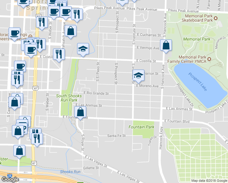 map of restaurants, bars, coffee shops, grocery stores, and more near 618 South Prospect Street in Colorado Springs