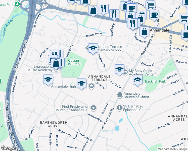 map of restaurants, bars, coffee shops, grocery stores, and more near 7604 Roanoke Avenue in Annandale