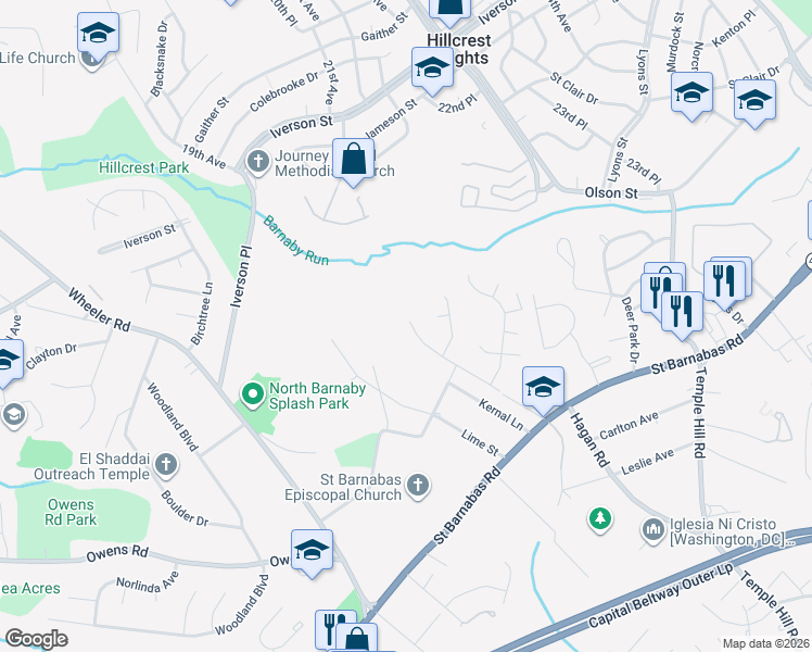 map of restaurants, bars, coffee shops, grocery stores, and more near 2605 John A Thompson Road in Temple Hills