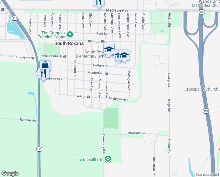 map of restaurants, bars, coffee shops, grocery stores, and more near 1201 Main Street in South Roxana