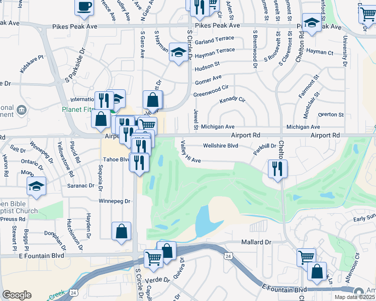 map of restaurants, bars, coffee shops, grocery stores, and more near 2810 Valley Hi Avenue in Colorado Springs