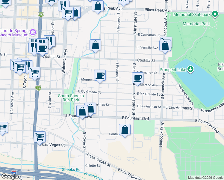 map of restaurants, bars, coffee shops, grocery stores, and more near 618 South Prospect Street in Colorado Springs
