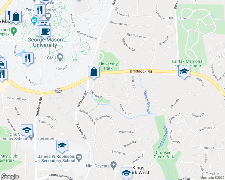 map of restaurants, bars, coffee shops, grocery stores, and more near 4668 Luxberry Drive in Fairfax