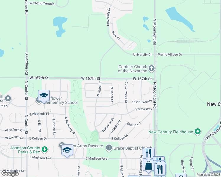 map of restaurants, bars, coffee shops, grocery stores, and more near 638 Meadowlark Place in Gardner