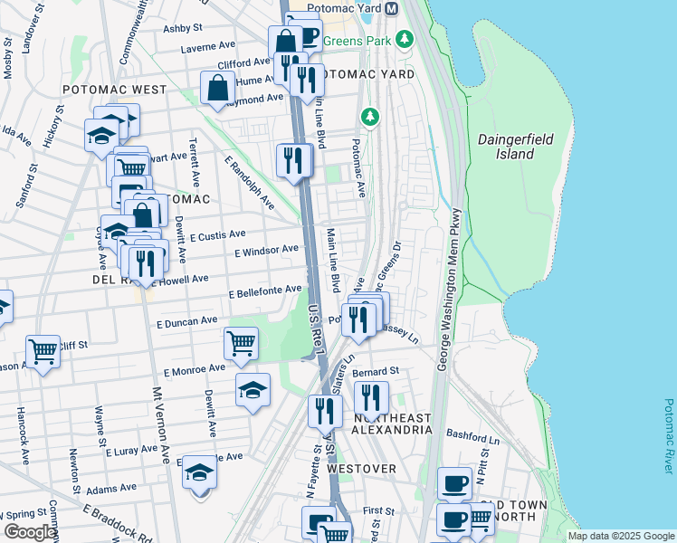 map of restaurants, bars, coffee shops, grocery stores, and more near 701 East Howell Avenue in Alexandria