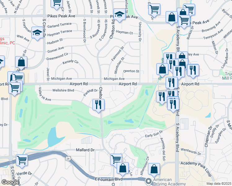 map of restaurants, bars, coffee shops, grocery stores, and more near 457 Valley Hi Circle in Colorado Springs