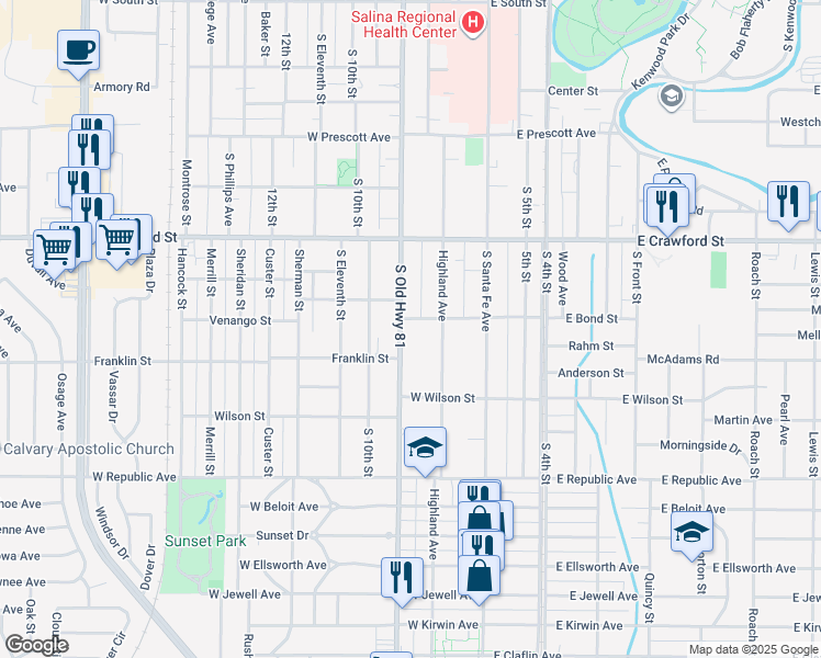 map of restaurants, bars, coffee shops, grocery stores, and more near 801 South Old Highway 81 in Salina
