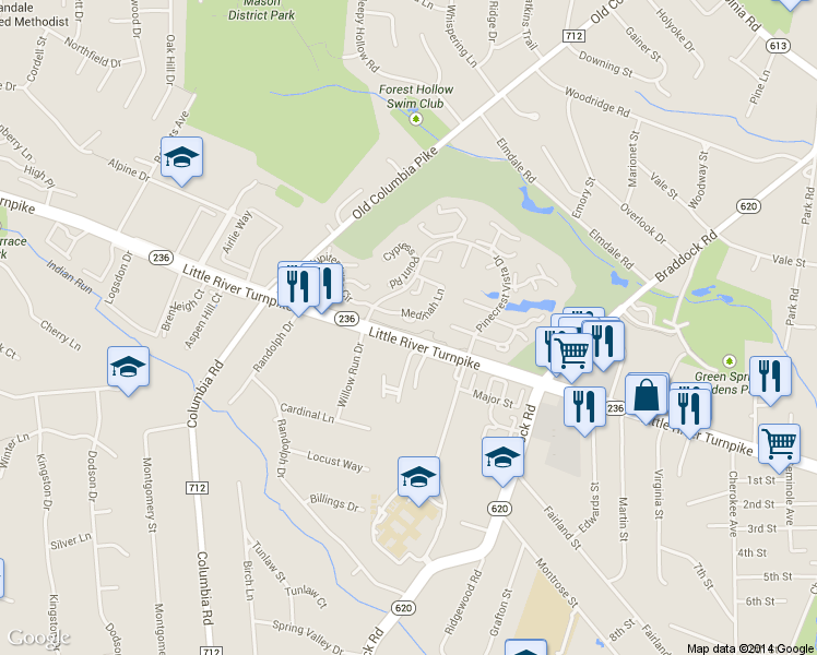 map of restaurants, bars, coffee shops, grocery stores, and more near 6621 Medinah Ln in Alexandria