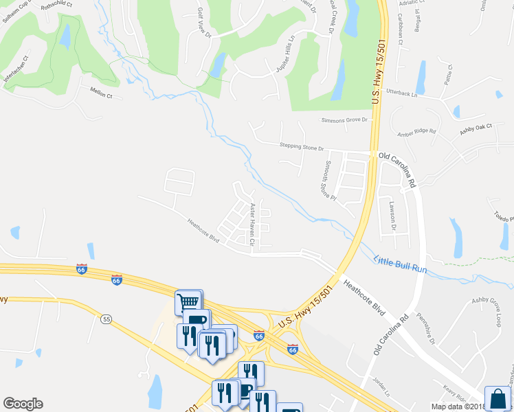 map of restaurants, bars, coffee shops, grocery stores, and more near 6195 Aster Haven Circle in Haymarket