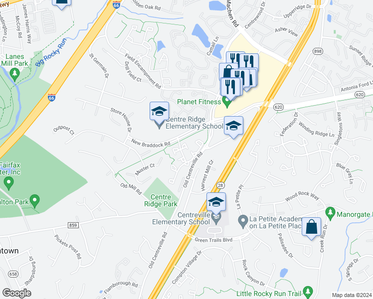 map of restaurants, bars, coffee shops, grocery stores, and more near 6317 Powder Flask Court in Centreville