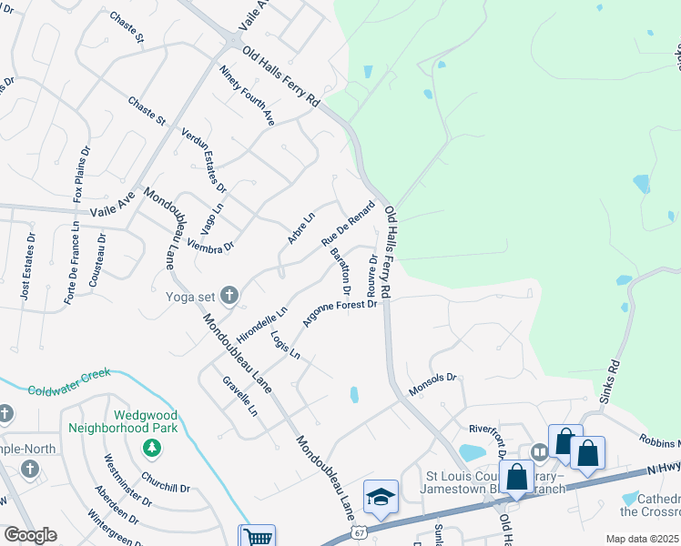map of restaurants, bars, coffee shops, grocery stores, and more near 14659 Baratton Drive in Florissant