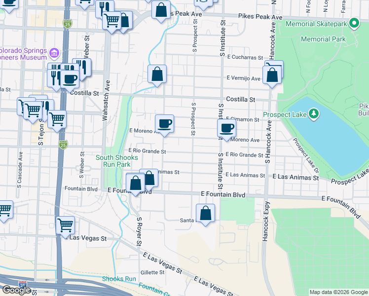 map of restaurants, bars, coffee shops, grocery stores, and more near 618 South Prospect Street in Colorado Springs