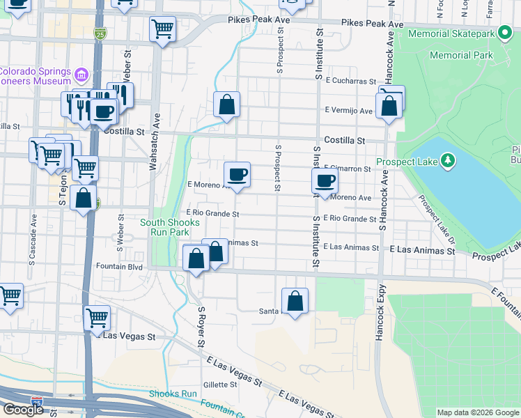 map of restaurants, bars, coffee shops, grocery stores, and more near 714 East Rio Grande Street in Colorado Springs