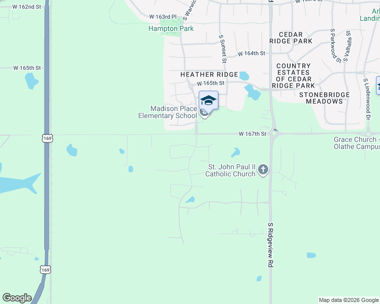 map of restaurants, bars, coffee shops, grocery stores, and more near 18942 West 168th Street in Olathe