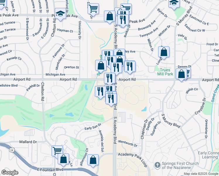 map of restaurants, bars, coffee shops, grocery stores, and more near 522 South Academy Boulevard in Colorado Springs