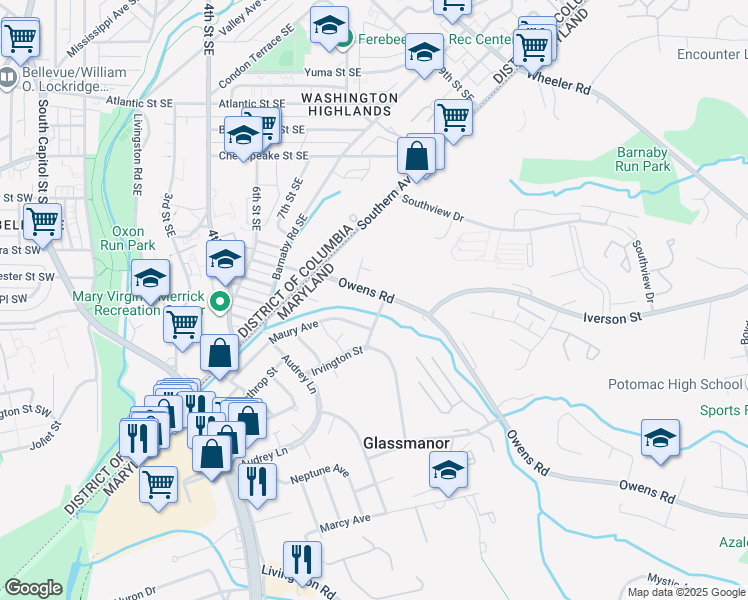 map of restaurants, bars, coffee shops, grocery stores, and more near 961 Owens Road in Oxon Hill