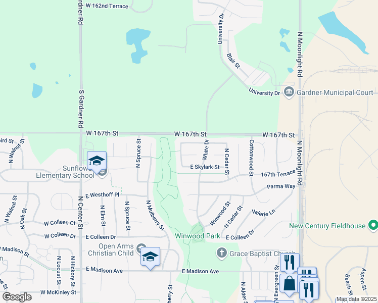 map of restaurants, bars, coffee shops, grocery stores, and more near 522 E Meadowlark Ct in Gardner