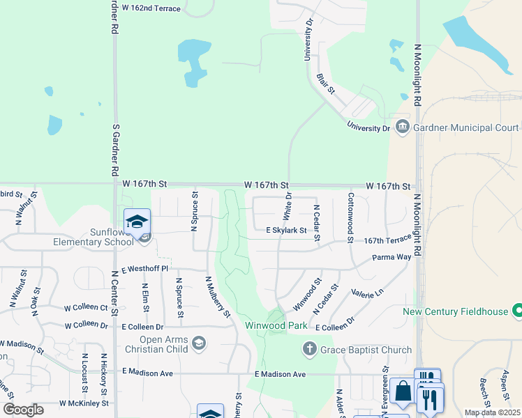 map of restaurants, bars, coffee shops, grocery stores, and more near 522 East Meadowlark Court in Gardner
