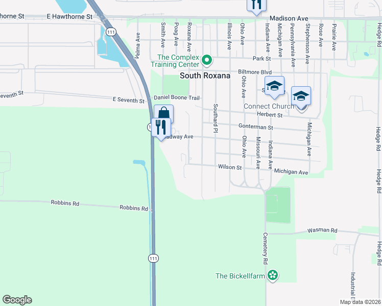 map of restaurants, bars, coffee shops, grocery stores, and more near 718b Connor Street in South Roxana