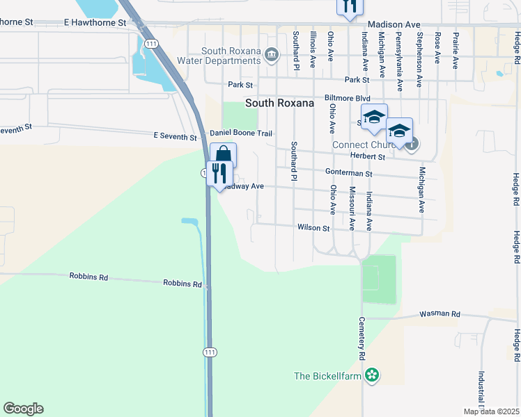 map of restaurants, bars, coffee shops, grocery stores, and more near 718b Connor Street in South Roxana