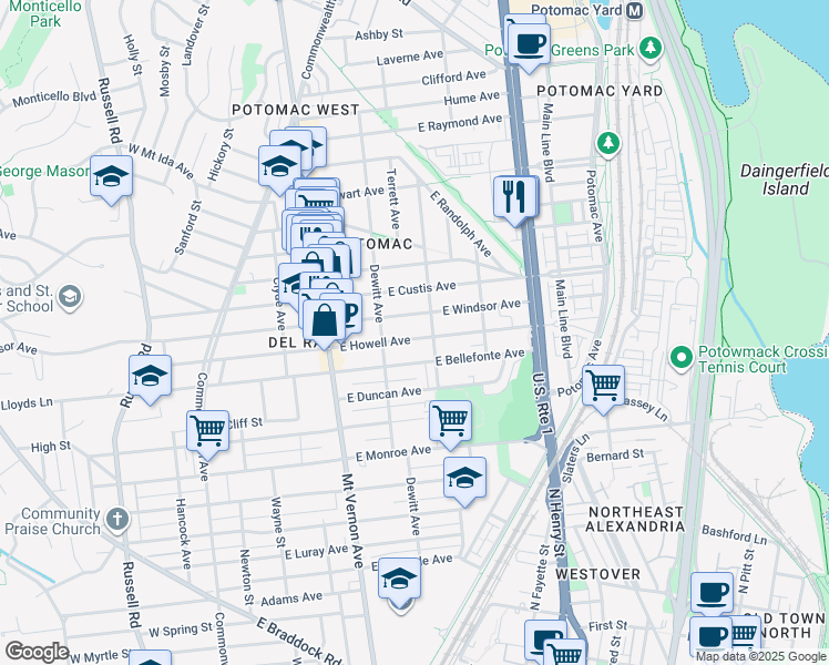 map of restaurants, bars, coffee shops, grocery stores, and more near 314 East Howell Avenue in Alexandria