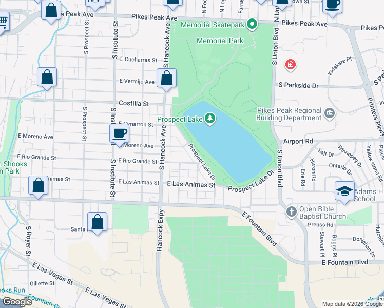 map of restaurants, bars, coffee shops, grocery stores, and more near 616 Prospect Lake Drive in Colorado Springs