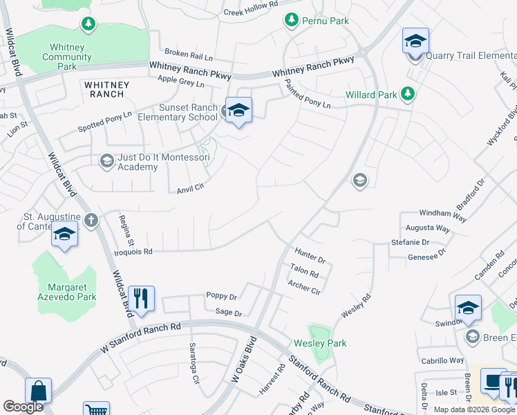 map of restaurants, bars, coffee shops, grocery stores, and more near 1722 Piute Street in Rocklin