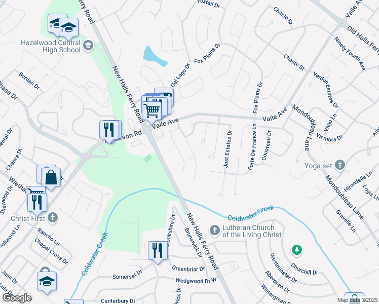 map of restaurants, bars, coffee shops, grocery stores, and more near 15463 Jost Main Street in Florissant