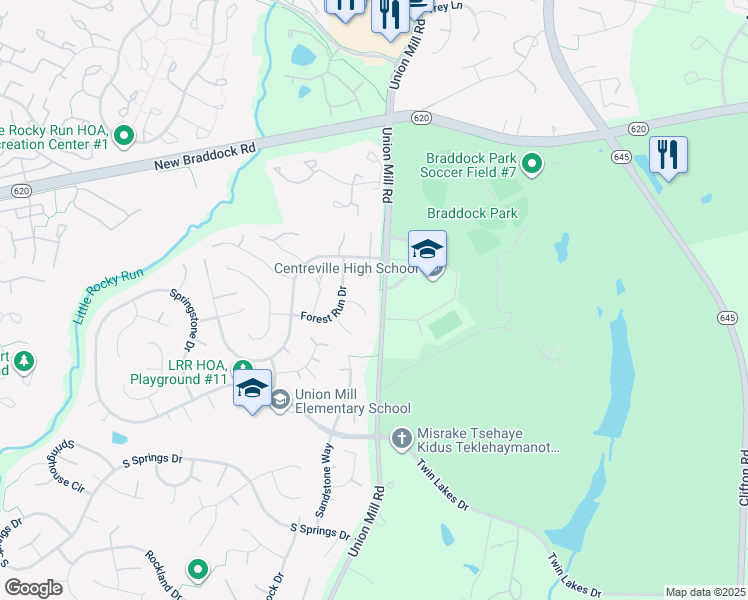 map of restaurants, bars, coffee shops, grocery stores, and more near 6020 Union Springs Court in Clifton