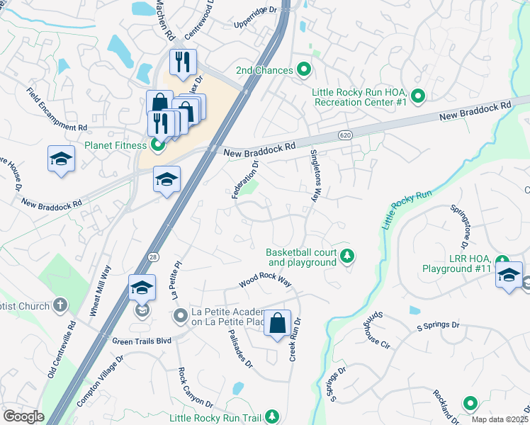 map of restaurants, bars, coffee shops, grocery stores, and more near 14139 Betsy Ross Lane in Centreville