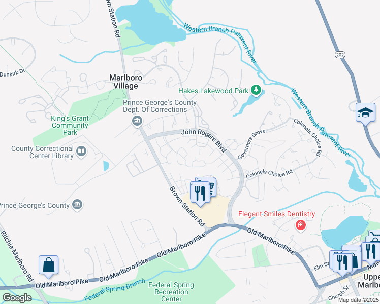 map of restaurants, bars, coffee shops, grocery stores, and more near 13944 King George Way in Upper Marlboro