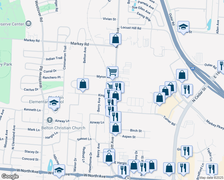 map of restaurants, bars, coffee shops, grocery stores, and more near 604 North Scott Avenue in Belton