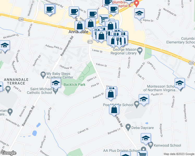 map of restaurants, bars, coffee shops, grocery stores, and more near 4600 Backlick Road in Annandale