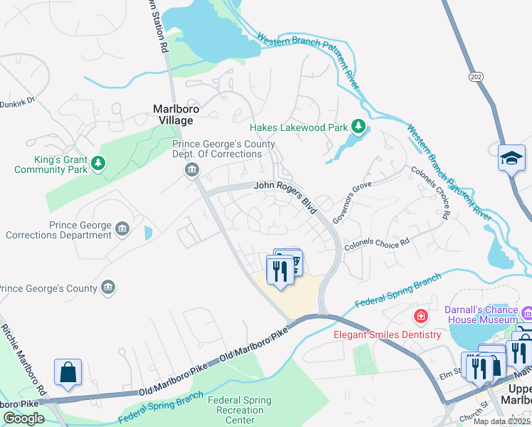 map of restaurants, bars, coffee shops, grocery stores, and more near 13942 King George Way in Upper Marlboro