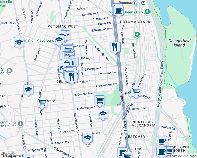 map of restaurants, bars, coffee shops, grocery stores, and more near 404 East Howell Avenue in Alexandria