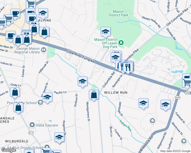 map of restaurants, bars, coffee shops, grocery stores, and more near 4651 Brentleigh Court in Annandale