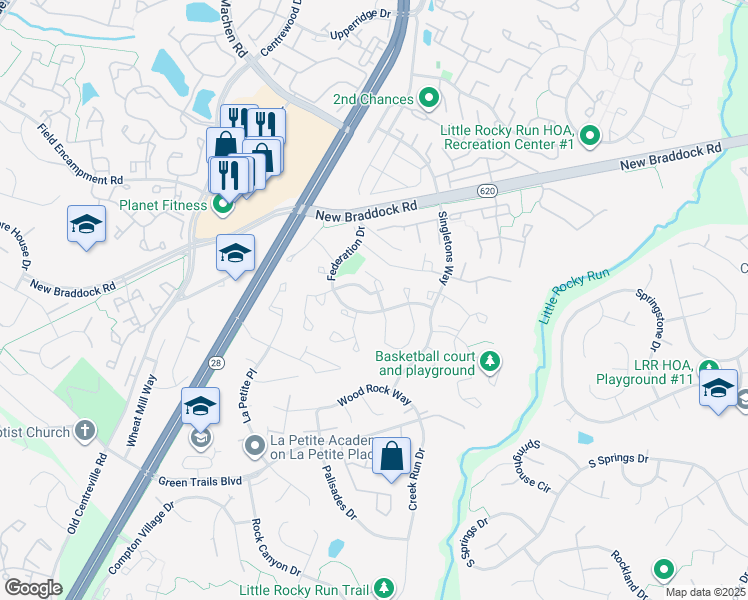 map of restaurants, bars, coffee shops, grocery stores, and more near 14139 Betsy Ross Lane in Centreville