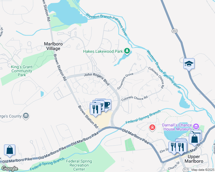 map of restaurants, bars, coffee shops, grocery stores, and more near 13913 Bentwaters Drive in Upper Marlboro