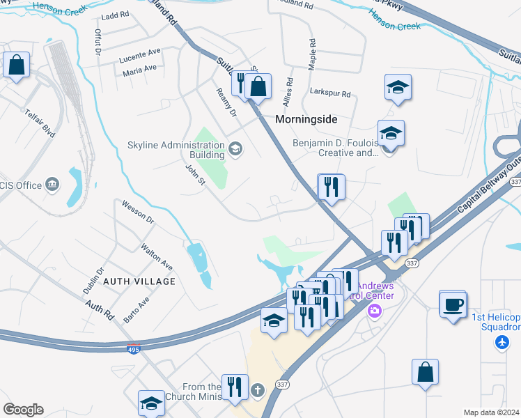 map of restaurants, bars, coffee shops, grocery stores, and more near 4712 Woodcrest Court in Hillcrest Heights