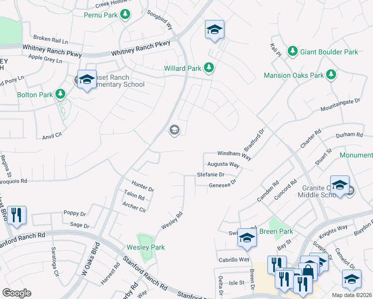 map of restaurants, bars, coffee shops, grocery stores, and more near 2331 Holly Court in Rocklin