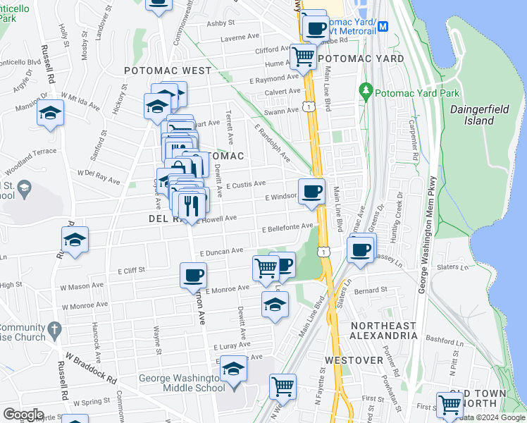 map of restaurants, bars, coffee shops, grocery stores, and more near 404 East Howell Avenue in Alexandria