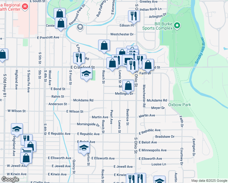 map of restaurants, bars, coffee shops, grocery stores, and more near 829 Mellinger Drive in Salina