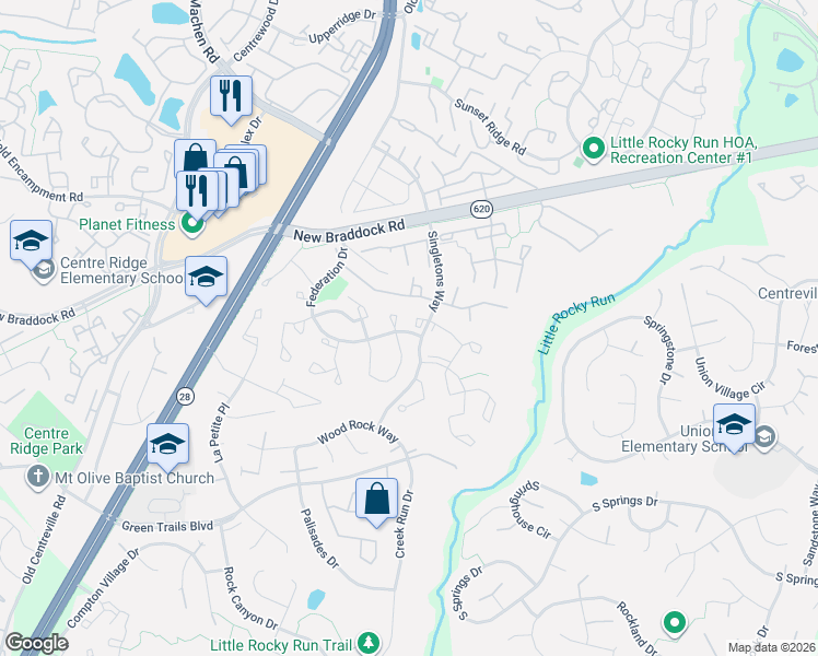 map of restaurants, bars, coffee shops, grocery stores, and more near 6326 Lightburn Court in Centreville