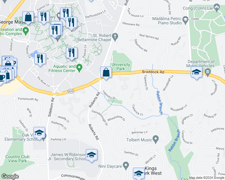 map of restaurants, bars, coffee shops, grocery stores, and more near 4709 Forestdale Drive in Fairfax
