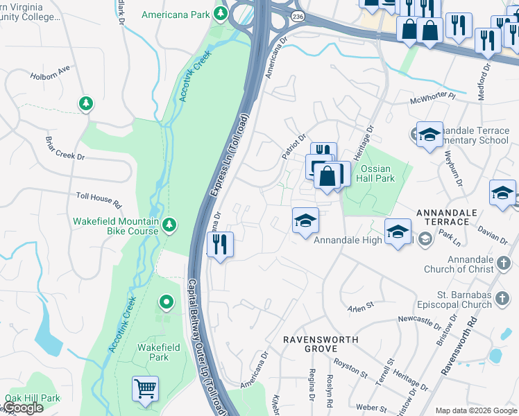 map of restaurants, bars, coffee shops, grocery stores, and more near 7931 Patriot Drive in Annandale