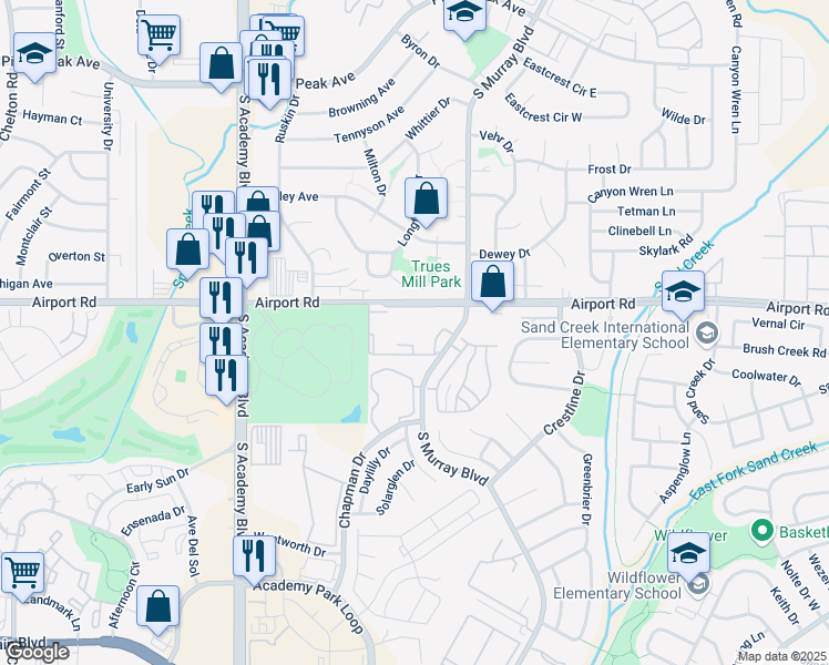map of restaurants, bars, coffee shops, grocery stores, and more near 4104 Apollo Village Circle in Colorado Springs