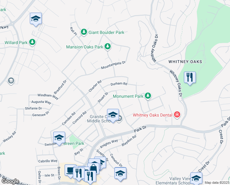 map of restaurants, bars, coffee shops, grocery stores, and more near 4703 Stuart Street in Rocklin