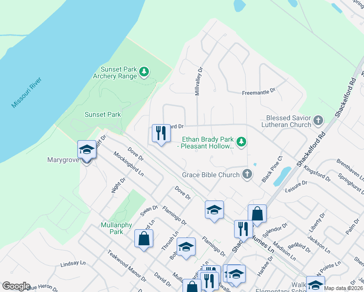 map of restaurants, bars, coffee shops, grocery stores, and more near 2302 Battlefield Drive in Florissant