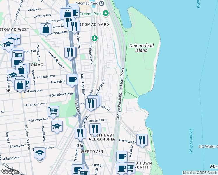 map of restaurants, bars, coffee shops, grocery stores, and more near 1655 Hunting Creek Drive in Alexandria